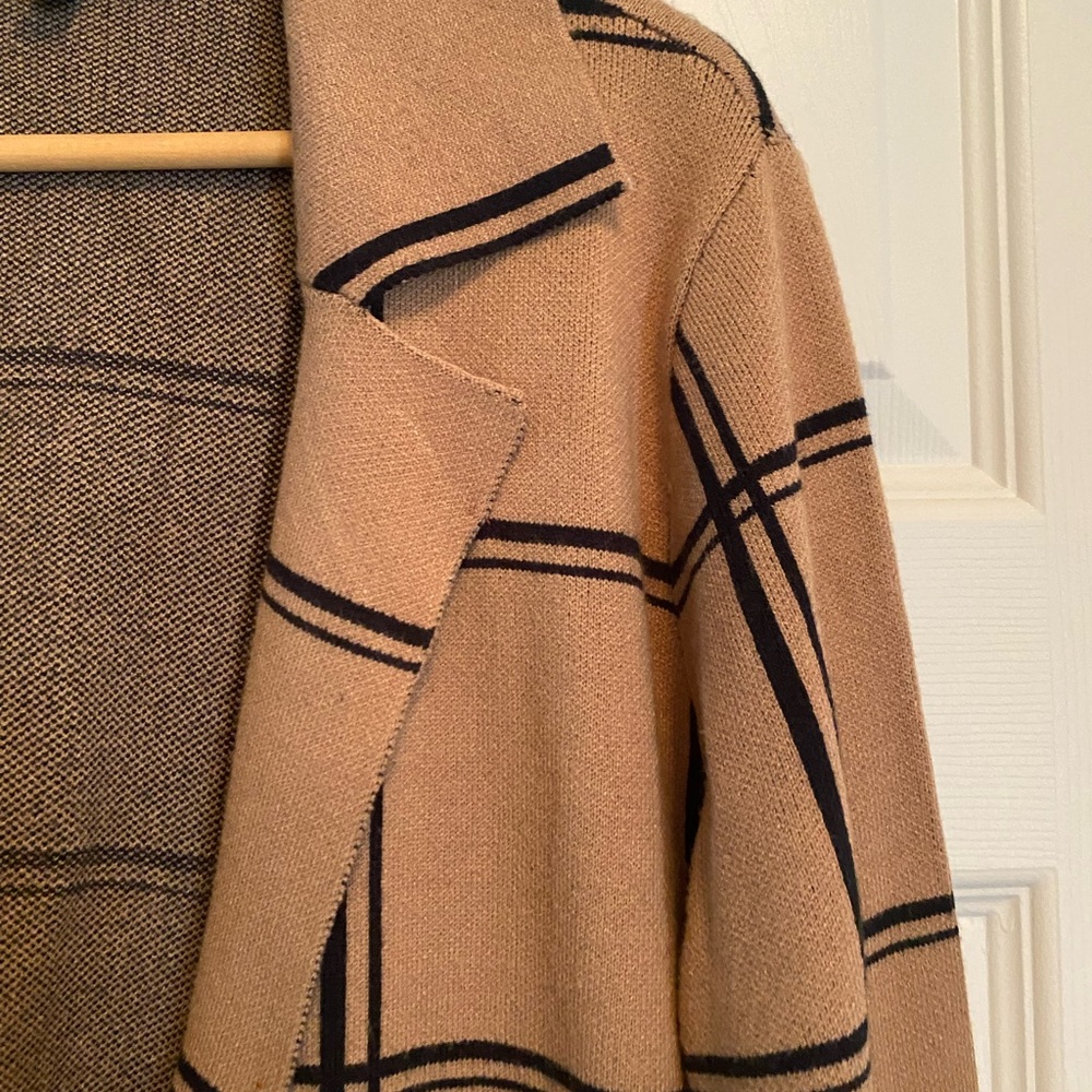 Adrienne Vittadini Tan and Black Plaid Cardigan with Fringe